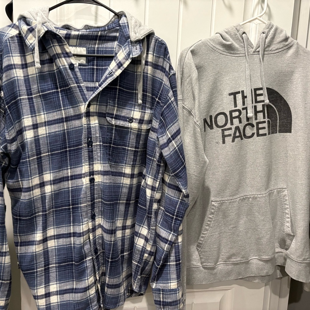 American Eagle  Blue Plaid Shirt with hood and The north face hoodie men’s large